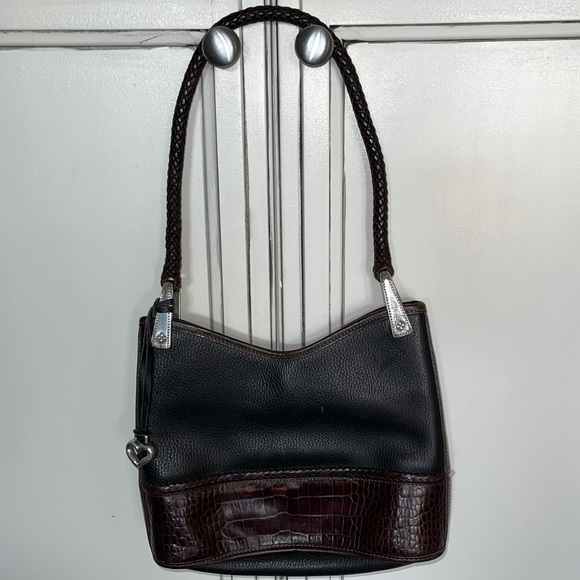 Brighton black brown pebbled croc leather satchel shoulder bag